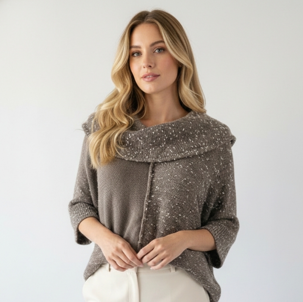 Style & Co Speckled Knit Poncho Top Petite Cowl Neck Sweater